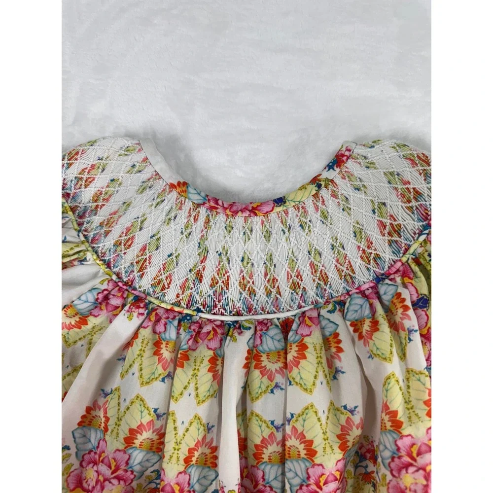 Magnolia Steel Smocked Floral Bubble Romper 18M White Pink Long Sleeve Baby Girl